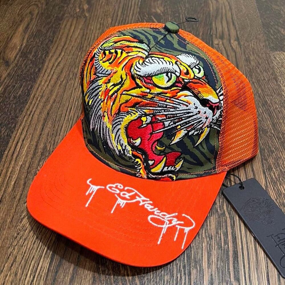 ed hardy orange tiger multi-colored trucker snapback hat (NWT)